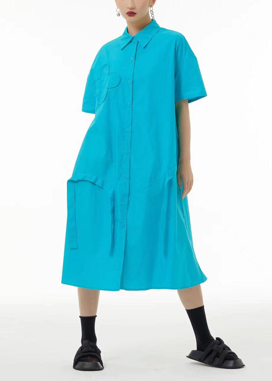 French Light Blue Oversized Patchwork Cotton Holiday Dress Summer LC0107