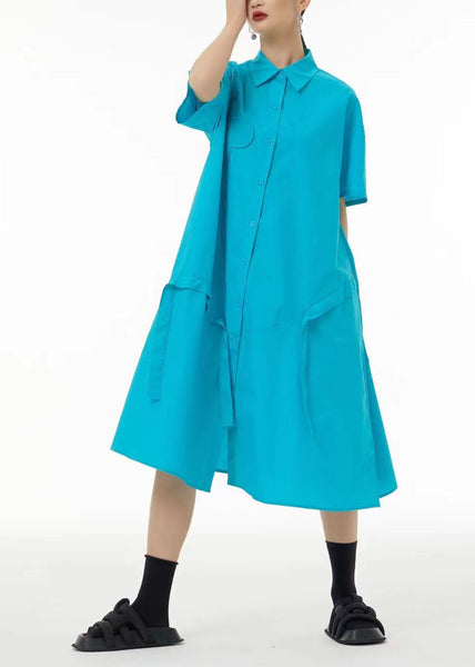 French Light Blue Oversized Patchwork Cotton Holiday Dress Summer LC0107