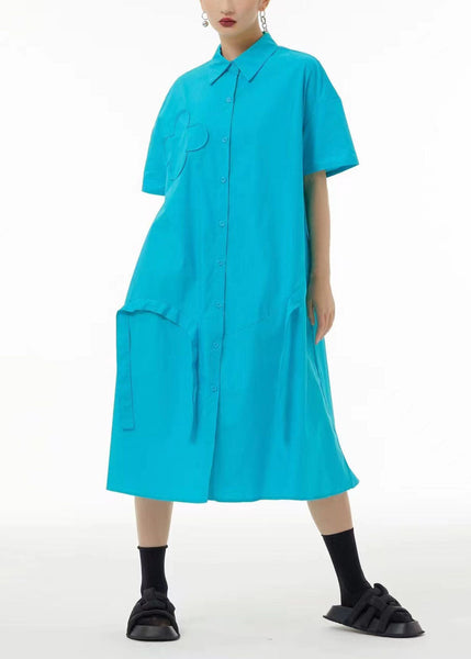 French Light Blue Oversized Patchwork Cotton Holiday Dress Summer LC0107