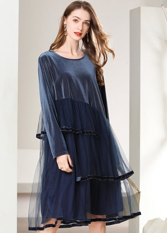 French Navy Asymmetrical Tulle Patchwork Silk Velour Dresses Spring LY0263