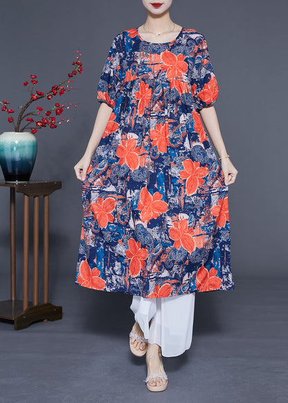 French Navy O-Neck Floral Print Silk Maxi Dress Summer LY1076