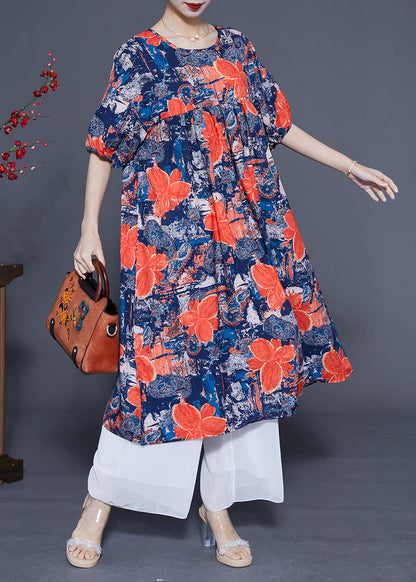 French Navy O-Neck Floral Print Silk Maxi Dress Summer LY1076