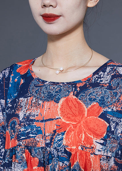 French Navy O-Neck Floral Print Silk Maxi Dress Summer LC0420