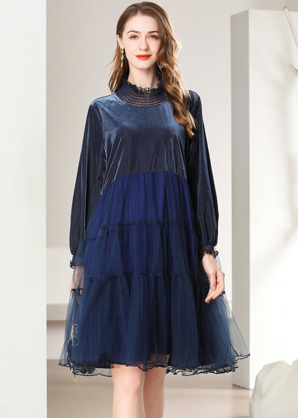 French Navy Ruffled Patchwork Tulle Silk Velour Mid Dress Spring LY0267