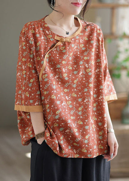 Top d'été en lin patchwork imprimé orange à col rond LY0593