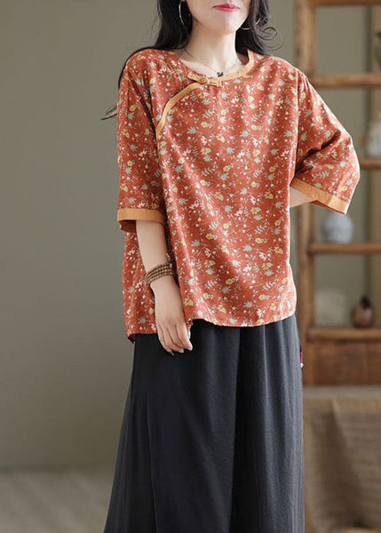 Top d'été en lin patchwork imprimé orange à col rond LY0593