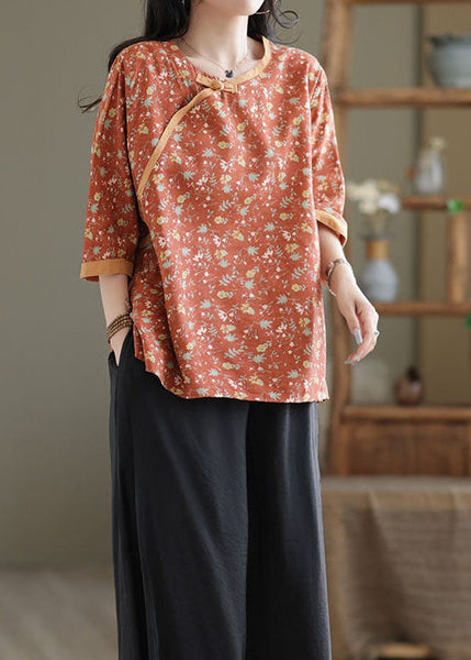 Top d'été en lin patchwork imprimé orange à col rond LY0593