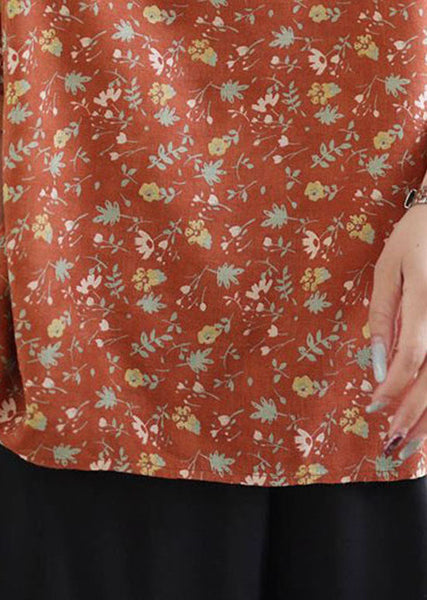 Top d'été en lin patchwork imprimé orange à col rond LY0593