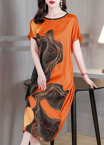 French Orange O Neck Print Patchwork Silk Dress Short Sleeve TI1051