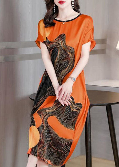 French Orange O Neck Print Patchwork Silk Dress Short Sleeve TI1051