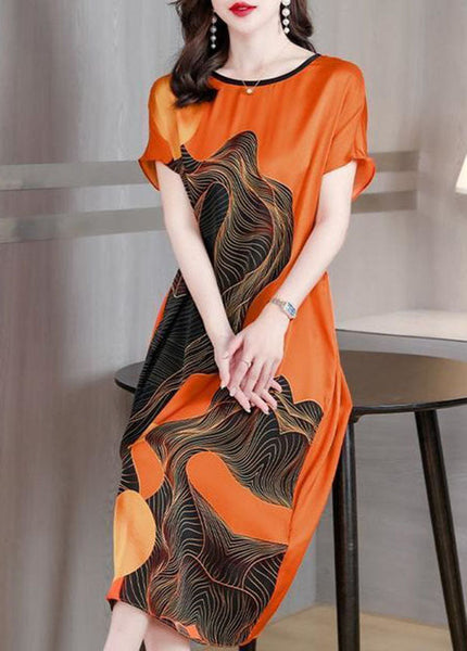 French Orange O Neck Print Patchwork Silk Dress Short Sleeve TI1051
