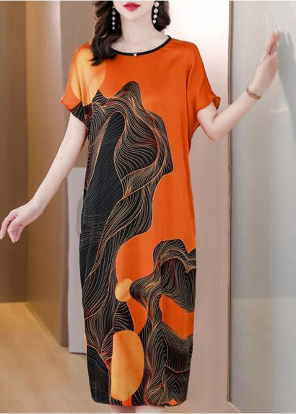 French Orange O Neck Print Patchwork Silk Dress Short Sleeve TI1051