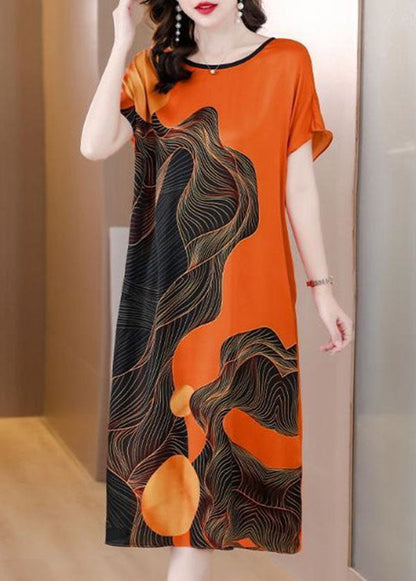 French Orange O Neck Print Patchwork Silk Dress Short Sleeve TI1051