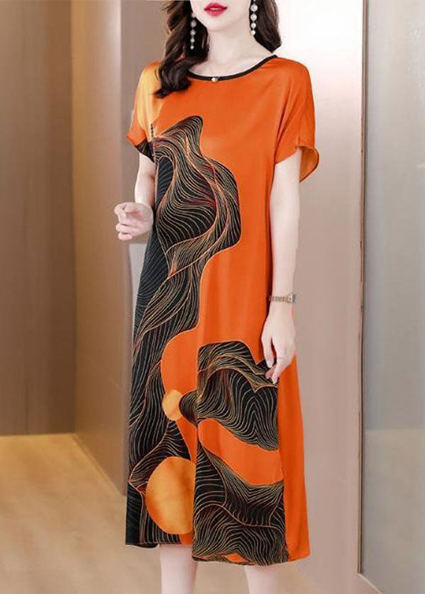 French Orange O Neck Print Patchwork Silk Dress Short Sleeve TI1051