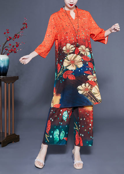 French Orange Stand Collar Oversized Print Silk Two-Piece Set Bracelet Sleeve LY1136