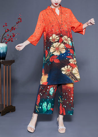 French Orange Stand Collar Oversized Print Silk Two-Piece Set Bracelet Sleeve LY1136