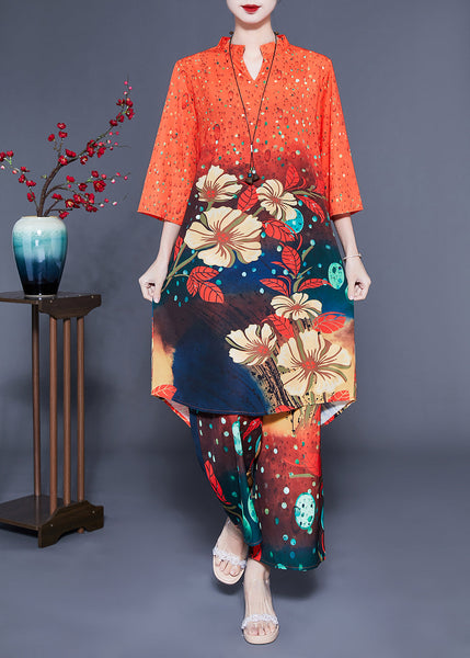 French Orange Stand Collar Oversized Print Silk Two-Piece Set Bracelet Sleeve LY1136