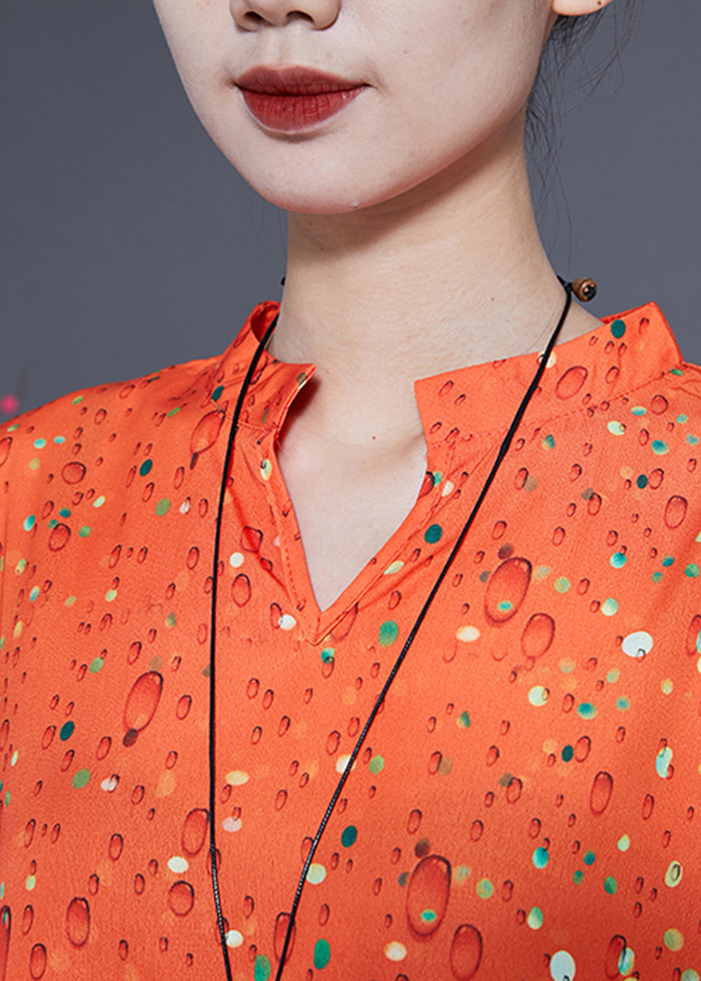 French Orange Stand Collar Oversized Print Silk Two-Piece Set Bracelet Sleeve LY1136