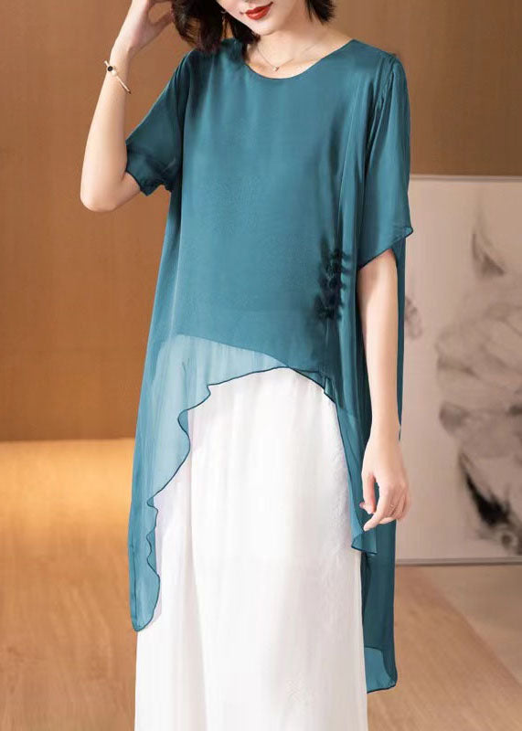 French Peacock Blue O-Neck Asymmetrical Patchwork Chiffon Shirts Tops Summer TF1053