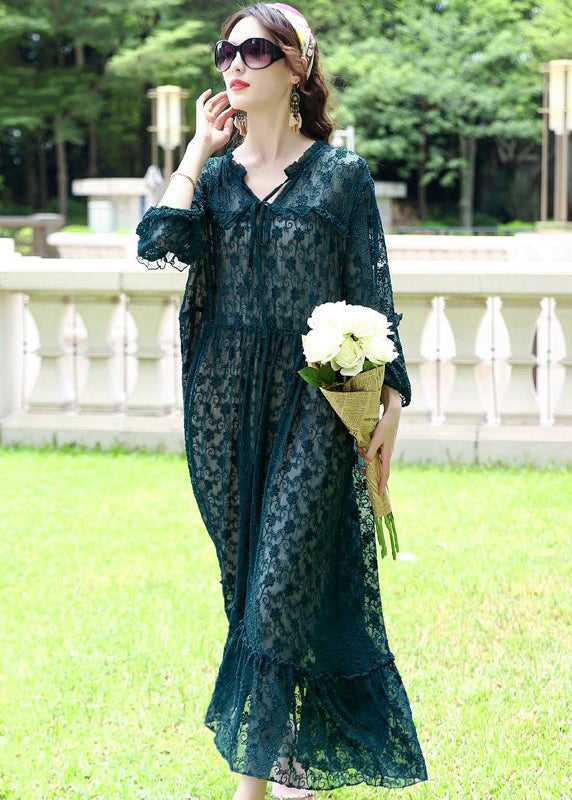 French Peacock Blue Ruffled Exra Large Hem Silk Long Dress Spring LY0696