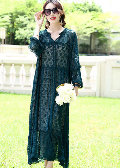 French Peacock Blue Ruffled Exra Large Hem Silk Long Dress Spring LY0696