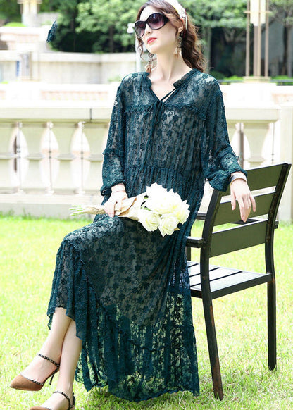 French Peacock Blue Ruffled Exra Large Hem Silk Long Dress Spring LY0696