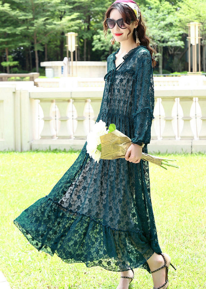 French Peacock Blue Ruffled Exra Large Hem Silk Long Dress Spring LY0696