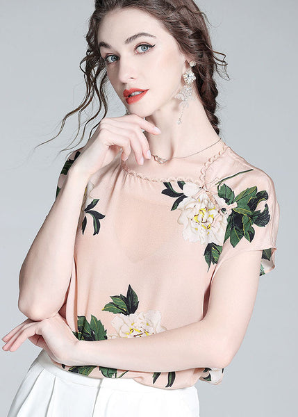 French Pink O Neck Floral Print Patchwork Oriental Button Silk Tops Summer LY0096