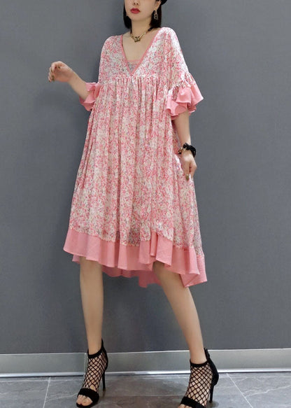 French Pink Print Exra Large Hem Chiffon Mid Dress Summer LY1657