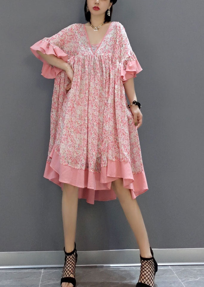 French Pink Print Exra Large Hem Chiffon Mid Dress Summer LY1657