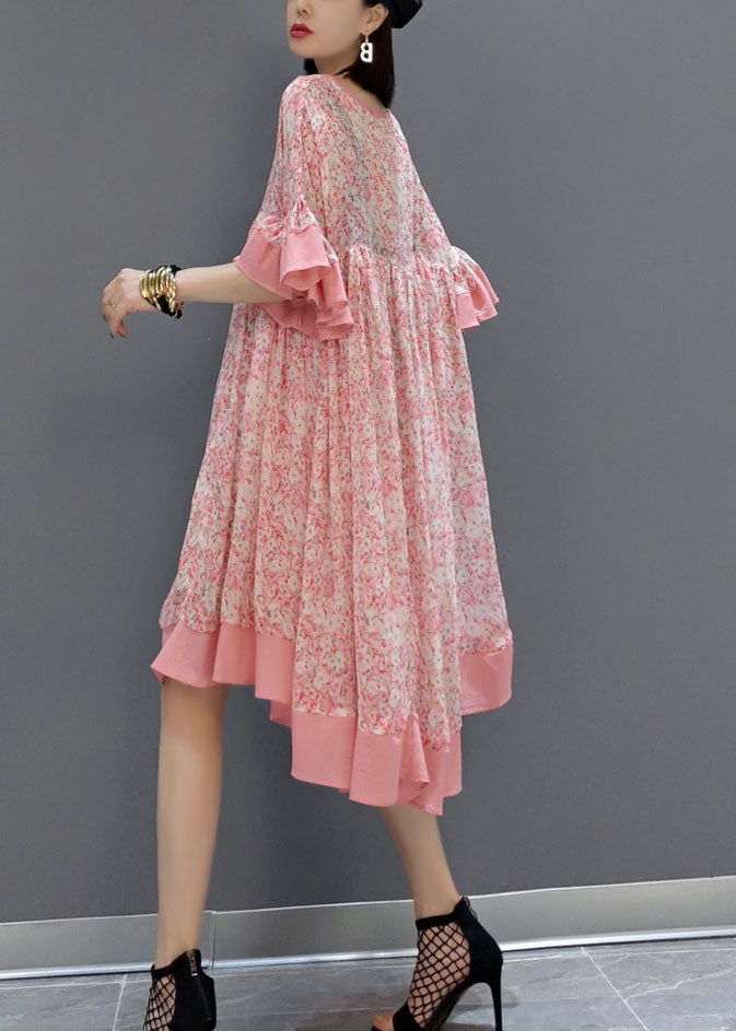 French Pink Print Exra Large Hem Chiffon Mid Dress Summer LY1657