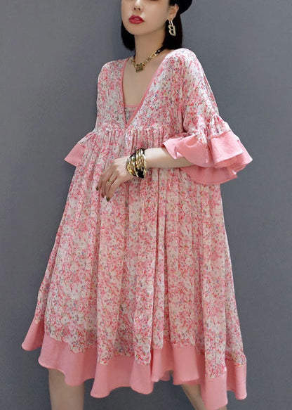 French Pink Print Exra Large Hem Chiffon Mid Dress Summer LY1657