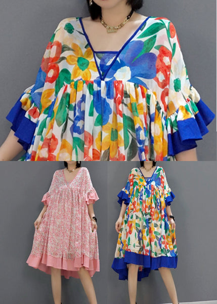 French Pink Print Exra Large Hem Chiffon Mid Dress Summer LY1657