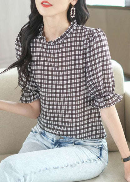 French Plaid Ruffled Patchwork Chiffon Shirt Tops Summer LY1475