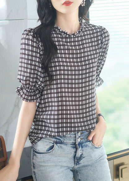 French Plaid Ruffled Patchwork Chiffon Shirt Tops Summer LY1475