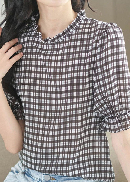 Chemises en mousseline patchwork à carreaux français et volants, été LY1475