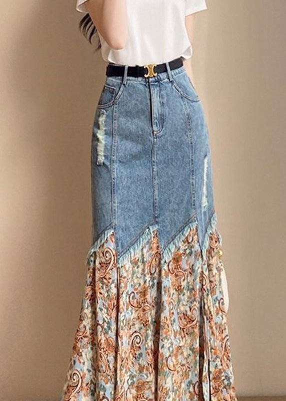 French Print Patchwork Button Denim Maxi Skirts Summer TY1084