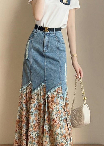 French Print Patchwork Button Denim Maxi Skirts Summer TY1084