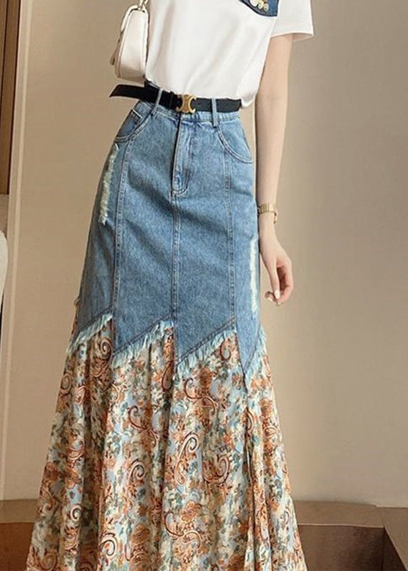 French Print Patchwork Button Denim Maxi Skirts Summer TY1084