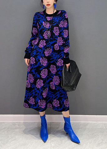 French Purple Rose Print Slim Fit Knit Long Dress Spring LY1660
