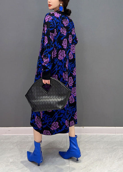 French Purple Rose Print Slim Fit Knit Long Dress Spring LY1660