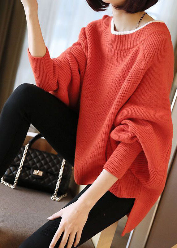 French Red Chunky Oversized Knitted Top Batwing Sleeve LY1418