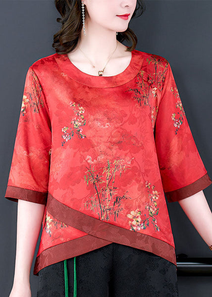 Chemise d'été en soie patchwork imprimée à col rond rouge français LY0474