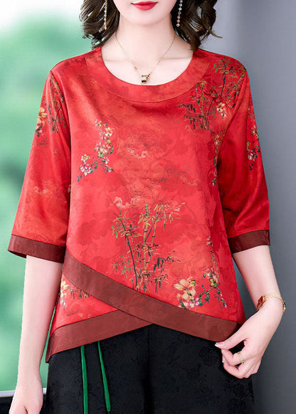 French Red O Neck Print Patchwork Silk Shirt Tops Summer LY0474