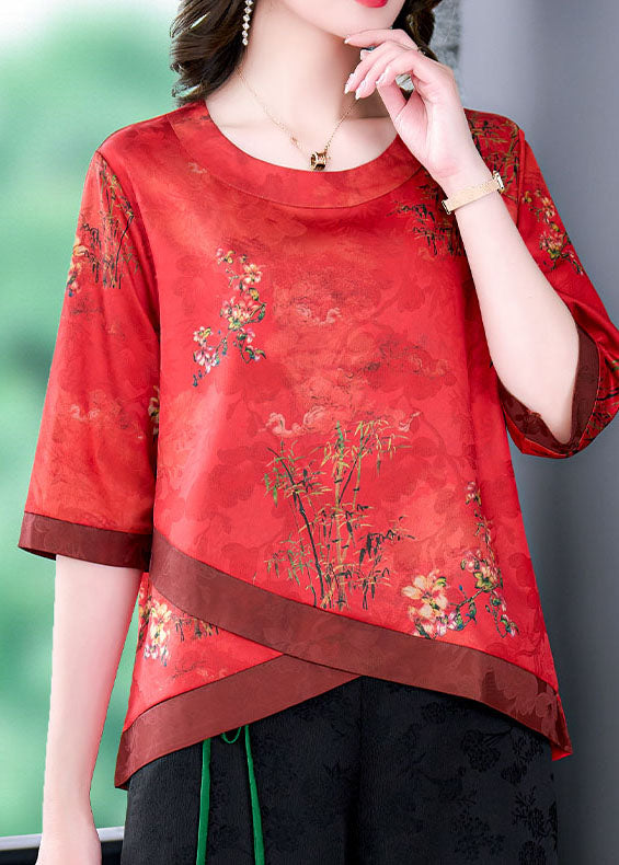 French Red O Neck Print Patchwork Silk Shirt Tops Summer LY0474