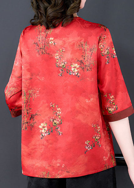 Chemise d'été en soie patchwork imprimée à col rond rouge français LY0474
