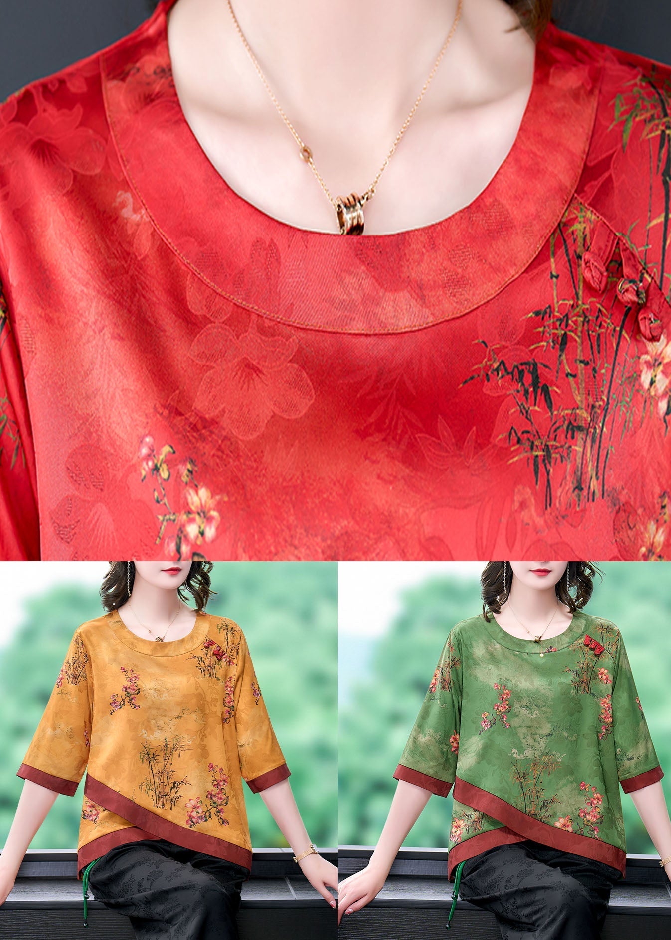 French Red O Neck Print Patchwork Silk Shirt Tops Summer LY0474