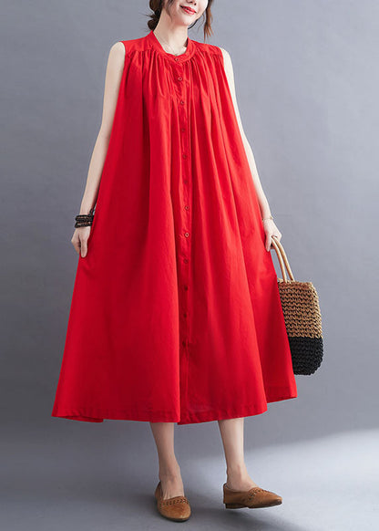 French Red O-Neck Wrinkled Cotton A Line Dresses Sleeveless LY0673