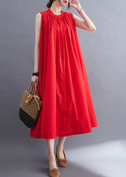 French Red O-Neck Wrinkled Cotton A Line Dresses Sleeveless LY0673