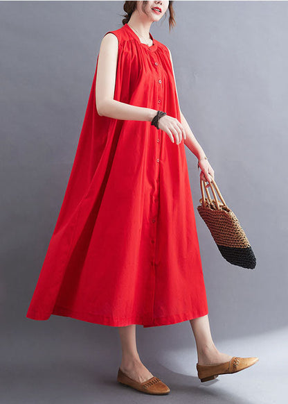 French Red O-Neck Wrinkled Cotton A Line Dresses AC2097